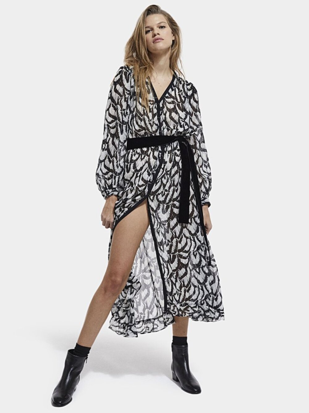 The Kooples - Feathers Printed Belted Sheer Midi Dress - Size M